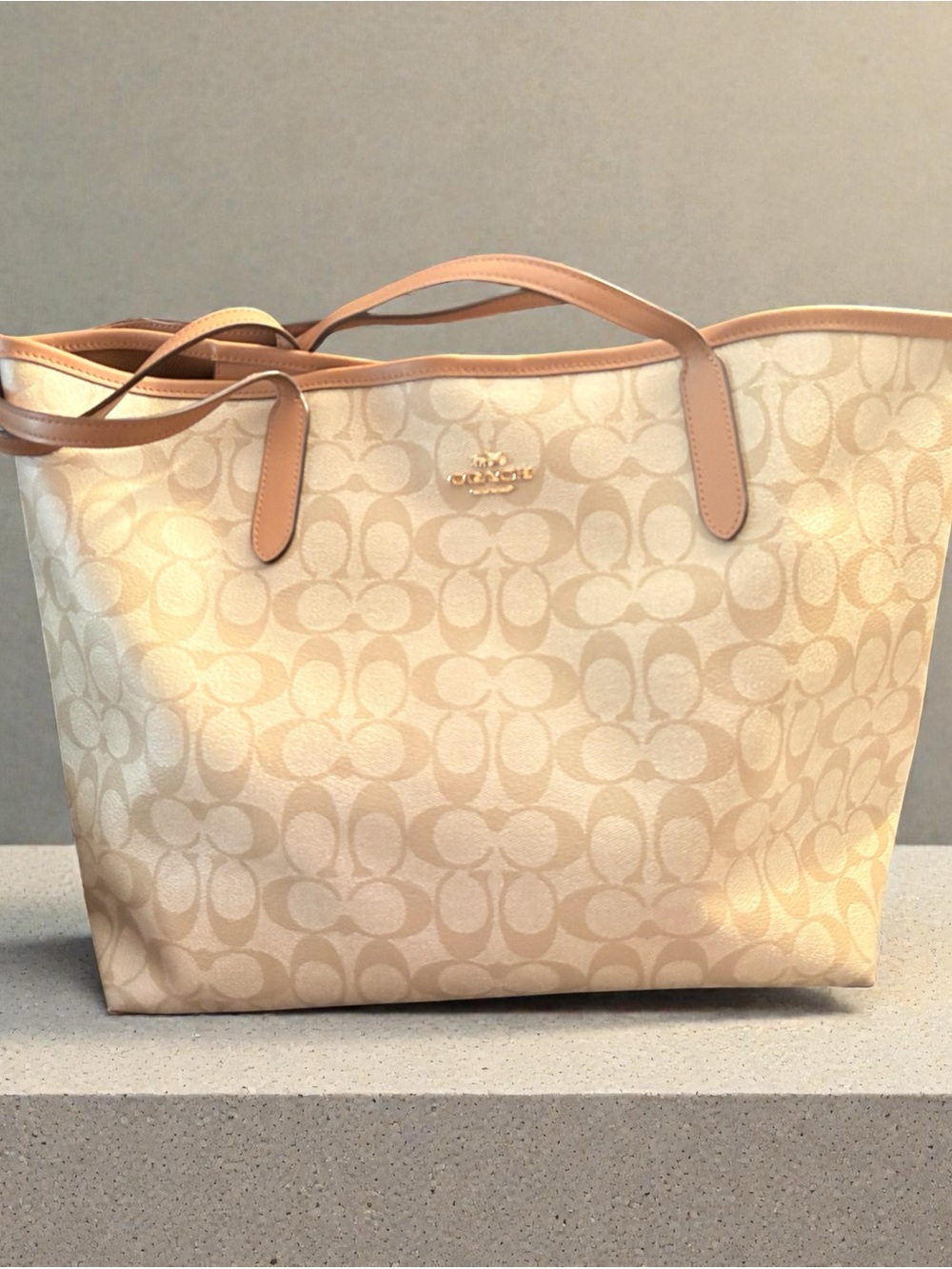 Coach Cream Signature Tote with Tan Leather Trim